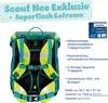 A back view of a school backpack with descriptive text and logos. Produktbild-Vorschau