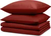 A stack of folded bedding and pillows in a dark red color. Voir les images du produit