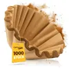 A brown paper coffee filter with a yellow tag attached. Produktbild-Vorschau