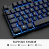 A close-up view of a black keyboard with blue LED backlighting, showing various keys and symbols. Below the keyboard, there is a section with text and icons indicating supported operating systems. Produktbild-Vorschau
