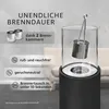 A close-up of a modern ethanol fireplace with descriptive text highlighting its features. Produktbild-Vorschau