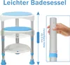 A shower stool with adjustable height, shown with a hand demonstrating the height adjustment mechanism. Produktbild-Vorschau