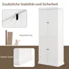 A white four-door storage cabinet is shown with inset images highlighting stability features and a base. Voir les images du produit