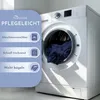 A washing machine with laundry inside, next to a panel listing product care instructions. Produktbild-Vorschau