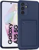 A dark blue phone case with a card slot is shown on a white background, with a Samsung Galaxy A35 5G phone partially visible behind it. Produktbild-Vorschau