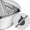 A close-up shot of a stainless steel citrus juicer with a circular overlay indicating a feature. Produktbild-Vorschau