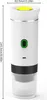 A white and black portable coffee machine with a yellow button on top and a green illuminated button on the front. Náhled obrázku produktu