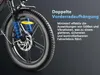 Close-up of an e-bike front wheel with text describing its suspension system. Produktbild-Vorschau
