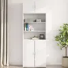 A white cabinet with shelves and doors, placed against a white wall with a curtain on the left and a plant on the right. Produktbild-Vorschau