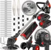 A collage of a cordless grass trimmer and its accessories, including batteries, blades, and a charging unit. Podgląd zdjęcia produktu
