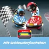 Two toy bumper cars, one blue and one red, are shown in a racing or collision scenario with a checkered flag. A close-up inset shows a detail of the red car's side. Produktbild-Vorschau