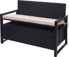 A black poly-rattan storage bench with a beige cushion is shown against a white background. Voir les images du produit
