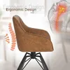 A brown armchair with a black metal base, shown from the side. Graphics illustrate ergonomic design and spinal support. Produktbild-Vorschau