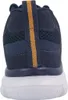 The back view of a blue athletic shoe with a white sole and a yellow stripe detail. Produktbild-Vorschau