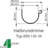 Diagram showing the dimensions of a half-round gutter. Produktbild-Vorschau