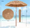 A straw beach umbrella and its cover are displayed on a sandy beach with the ocean and sky in the background. Dimensions are indicated with measurement lines and text. Náhled obrázku produktu