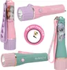 A collage of three Miss Melody flashlights, two pink and one green, with a circular graphic indicating an on-off function with a timer. Voir les images du produit