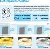 This image explains the light memory function of a mirror, showing how to turn it on and off, and demonstrating different brightness and color temperature settings. Produktbild-Vorschau