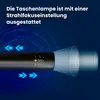 A close-up of a black flashlight with a beam of light emanating from it, against a dark blue background with digital graphics. Produktbild-Vorschau