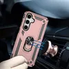 A hand holding a rose gold phone case with a ring holder, attached to a magnetic car mount on a car air vent. Produktbild-Vorschau