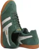 A pair of green Gola Harrier Suede sneakers with white stripes and brown soles, shown from a diagonal angle against a white background. Produktbild-Vorschau