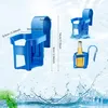 Multiple views of a blue plastic pool drink holder, with dimensions indicated by text overlays, set against a water background. Produktbild-Vorschau
