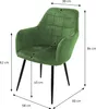 A green velvet armchair with dimensions indicated by measurement lines and text. Náhled obrázku produktu
