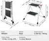 Diagrams and specifications for a two-step folding ladder. Voir les images du produit