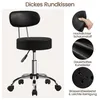 A black adjustable stool with a backrest is shown, with close-up images highlighting its features. Produktbild-Vorschau