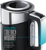 Close-up of a black and silver electric kettle handle and top, with text overlays highlighting features. Produktbild-Vorschau