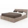 A bed with a beige upholstered frame and headboard, with brown bedding and pillows, presented against a white background. Produktbild-Vorschau