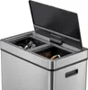 A close-up view of the top of a stainless steel recycling bin with its lid open, revealing two compartments inside. Produktbild-Vorschau