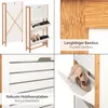 A collage of images showcasing a white bamboo shoe cabinet with multiple compartments and close-ups of its materials and features. Produktbild-Vorschau
