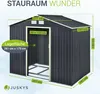 A diagram of a metal storage shed with dimensions and features highlighted. Produktbild-Vorschau