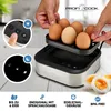 A collage showing an egg cooker and its features, with a focus on an overhead view of eggs being placed into the cooker. Náhled obrázku produktu