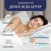 A woman sleeping on a pillow, with graphics illustrating different sleeping positions and airflow. Produktbild-Vorschau