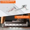 A split image showing a vacuum cleaner head with a V-shaped brush and LED lights. Produktbild-Vorschau