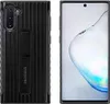A black Samsung phone case with a kickstand is shown next to a Samsung Galaxy Note 10 smartphone. Produktbild-Vorschau