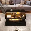 A modern living room scene with a black coffee table as the focal point, placed on a rug in front of a sofa. Produktbild-Vorschau