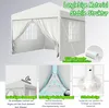 A white gazebo tent with curtains and windows, shown with feature callouts. Produktbild-Vorschau