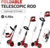 Three red and black electric trimmers are shown at different heights, illustrating the telescopic feature. Text overlays describe features like weight and portability. Produktbild-Vorschau