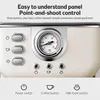 Close-up of the control panel of a cream-colored espresso machine, featuring buttons, a temperature gauge, and text overlays describing its features. Produktbild-Vorschau