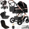 A collage of a black and rose gold 3-in-1 stroller system with various accessories. Produktbild-Vorschau