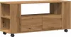 A wooden TV stand with two drawers and an open shelf, placed on black wheels. Produktbild-Vorschau