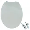 A white toilet seat with attached hinges and screws, isolated on a white background. Produktbild-Vorschau