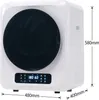 A white mini clothes dryer with a black glass door and a digital display on the front. Dimensions are indicated on the side and bottom. Produktbild-Vorschau