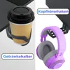 A split image showing a cup holder with a cup on the left and a headphone hook with headphones on the right. Produktbild-Vorschau