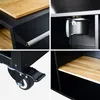 A collage of four close-up images showing details of a black serving cart with a wooden top and shelf, a pot hanging inside, and a wheel with a brake. Produktbild-Vorschau