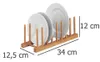 A bamboo dish rack holding several white plates, with dimensions labeled. Produktbild-Vorschau