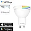 A white smart LED light bulb with a colorful top, shown against a white background. Several compatibility logos and app store download badges are displayed to the left. Anteprima dell’immagine prodotto